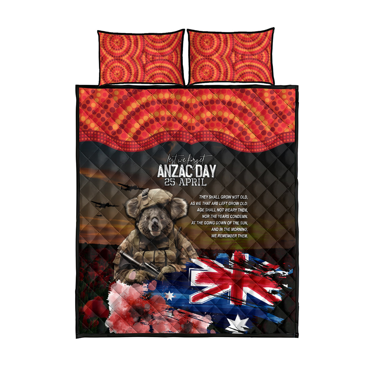 Australia ANZAC Day Quilt Bed Set Koala and Kangaroo Red Poppy Flower Field Aboriginal Pattern