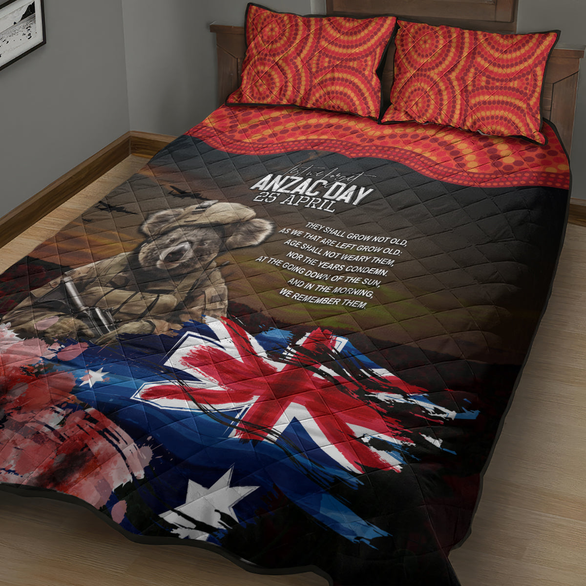 Australia ANZAC Day Quilt Bed Set Koala and Kangaroo Red Poppy Flower Field Aboriginal Pattern