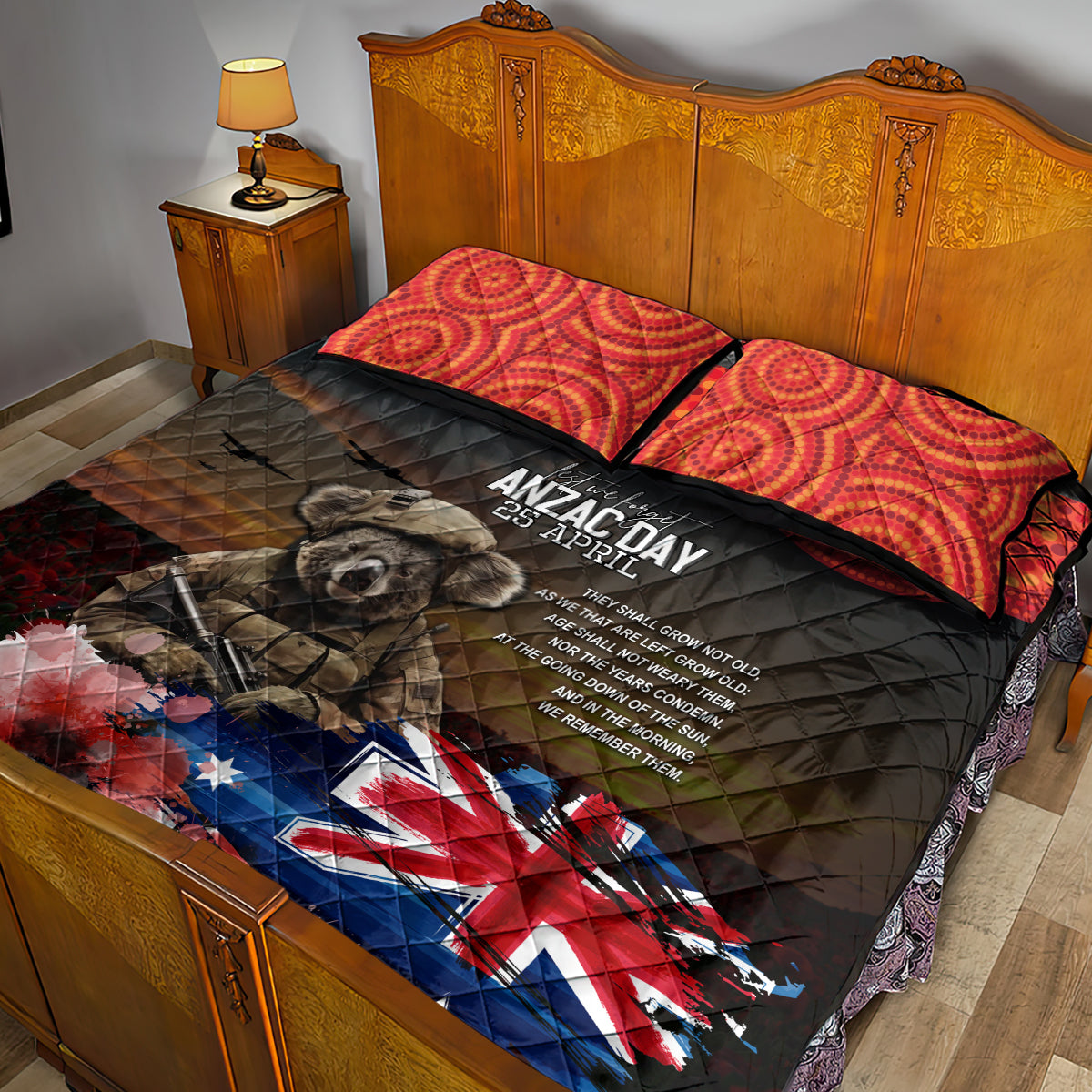 Australia ANZAC Day Quilt Bed Set Koala and Kangaroo Red Poppy Flower Field Aboriginal Pattern