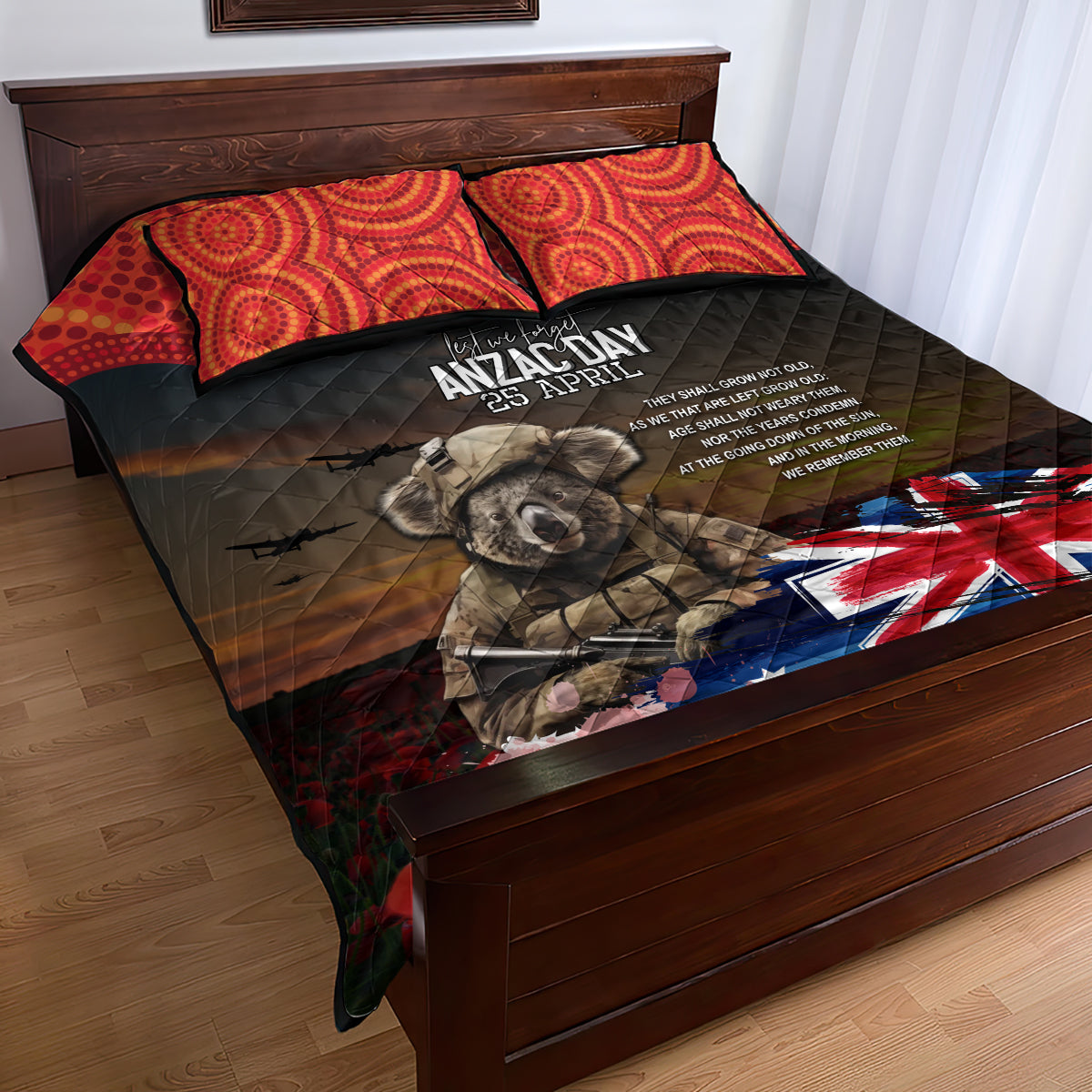 Australia ANZAC Day Quilt Bed Set Koala and Kangaroo Red Poppy Flower Field Aboriginal Pattern