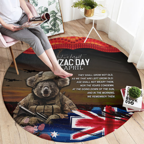 Australia ANZAC Day Round Carpet Koala and Kangaroo Red Poppy Flower Field Aboriginal Pattern