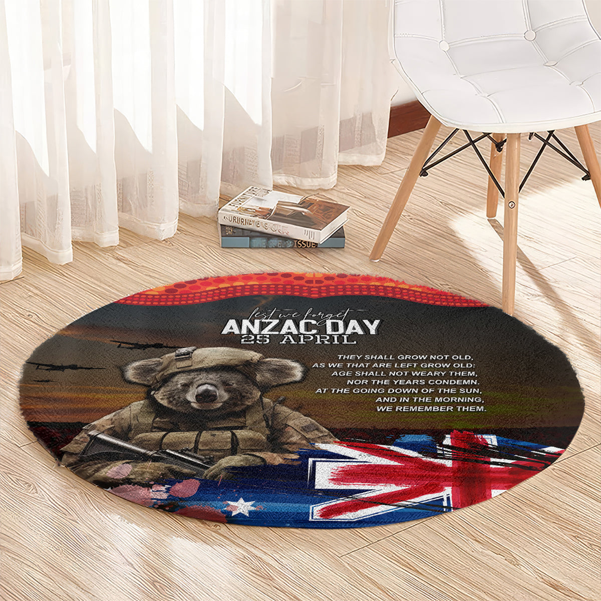 Australia ANZAC Day Round Carpet Koala and Kangaroo Red Poppy Flower Field Aboriginal Pattern