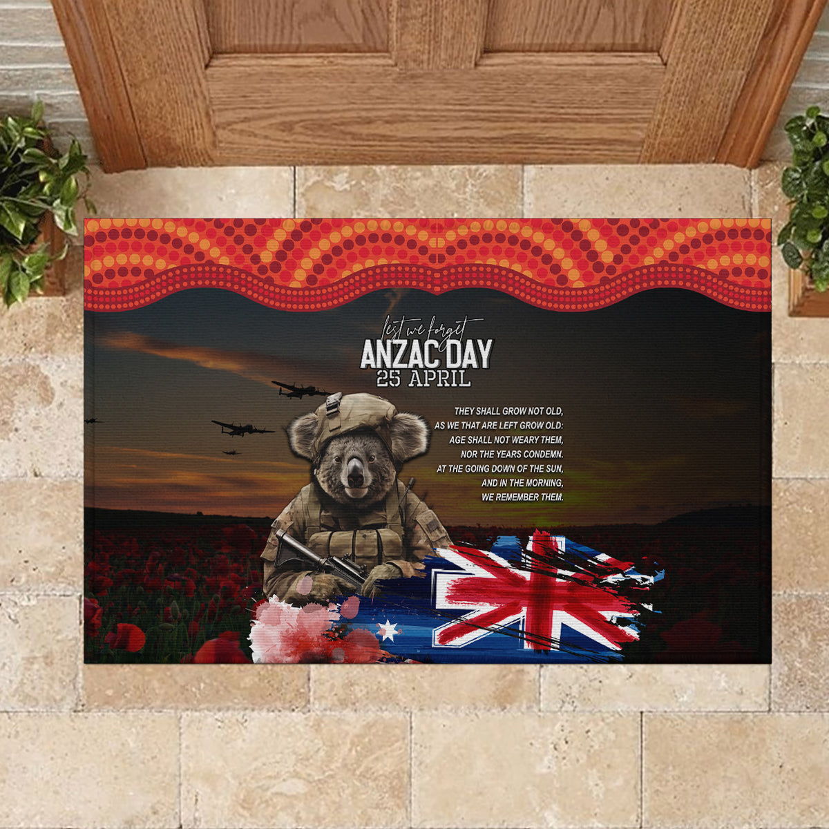 Australia ANZAC Day Rubber Doormat Koala and Kangaroo Red Poppy Flower Field Aboriginal Pattern