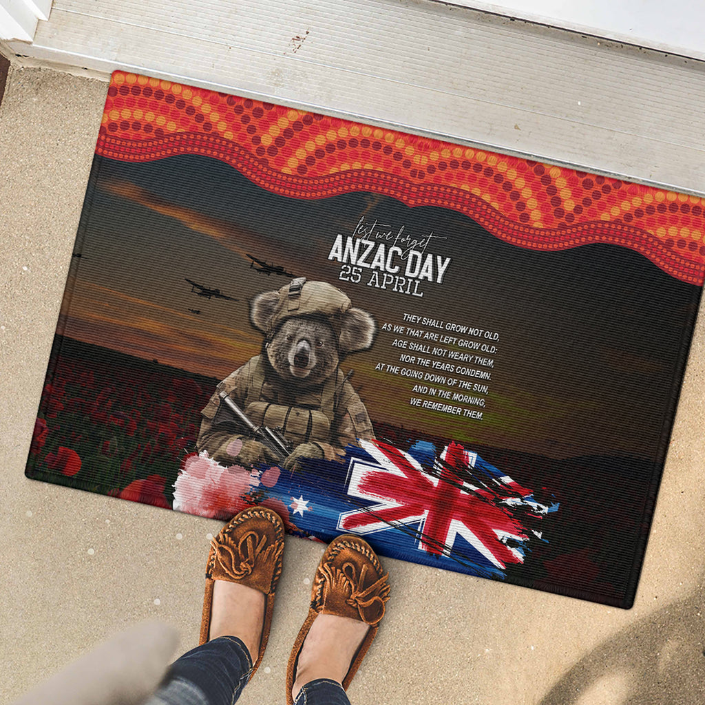 Australia ANZAC Day Rubber Doormat Koala and Kangaroo Red Poppy Flower Field Aboriginal Pattern
