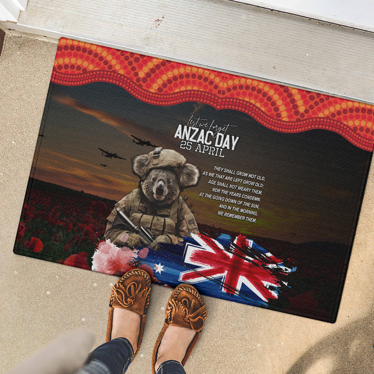 Australia ANZAC Day Rubber Doormat Koala and Kangaroo Red Poppy Flower Field Aboriginal Pattern