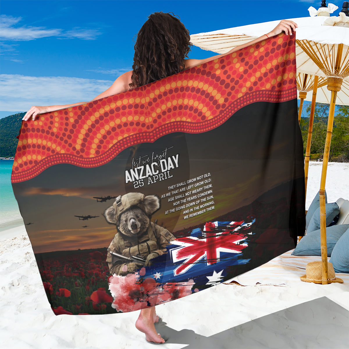 Australia ANZAC Day Sarong Koala and Kangaroo Red Poppy Flower Field Aboriginal Pattern