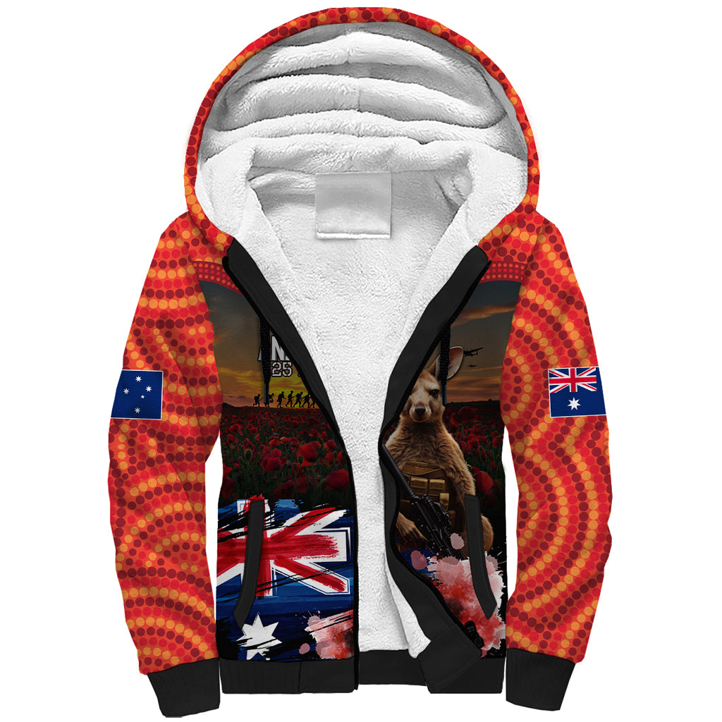 Australia ANZAC Day Sherpa Hoodie Koala and Kangaroo Red Poppy Flower Field Aboriginal Pattern
