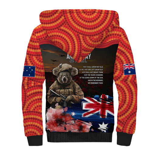 Australia ANZAC Day Sherpa Hoodie Koala and Kangaroo Red Poppy Flower Field Aboriginal Pattern