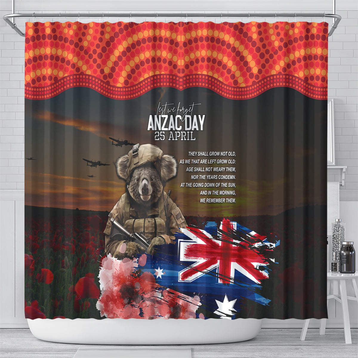 Australia ANZAC Day Shower Curtain Koala and Kangaroo Red Poppy Flower Field Aboriginal Pattern