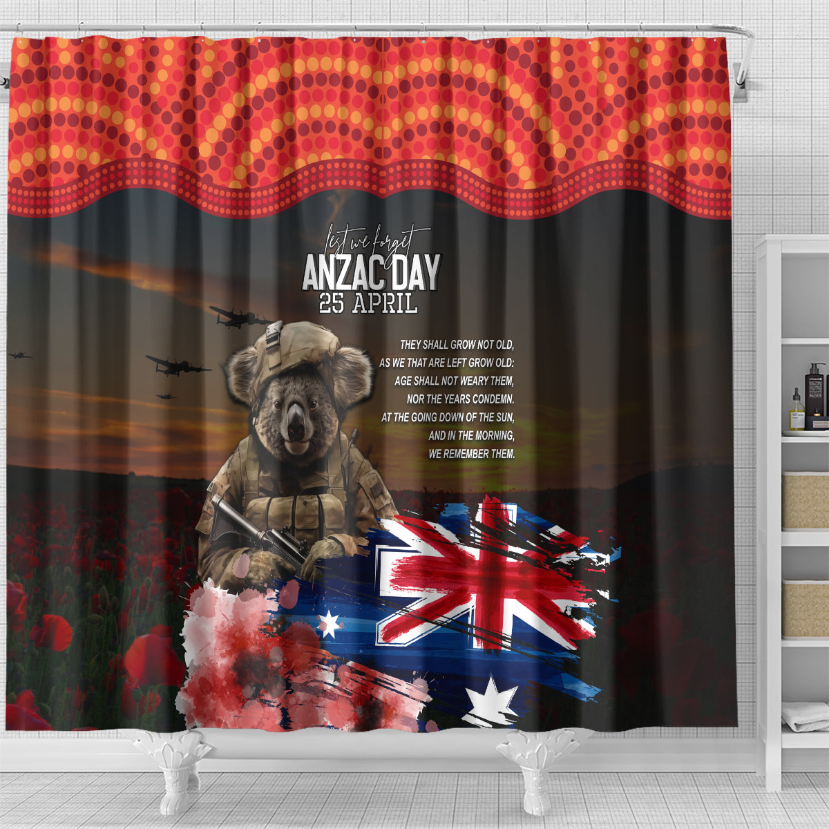 Australia ANZAC Day Shower Curtain Koala and Kangaroo Red Poppy Flower Field Aboriginal Pattern