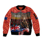 Australia ANZAC Day Sleeve Zip Bomber Jacket Koala and Kangaroo Red Poppy Flower Field Aboriginal Pattern