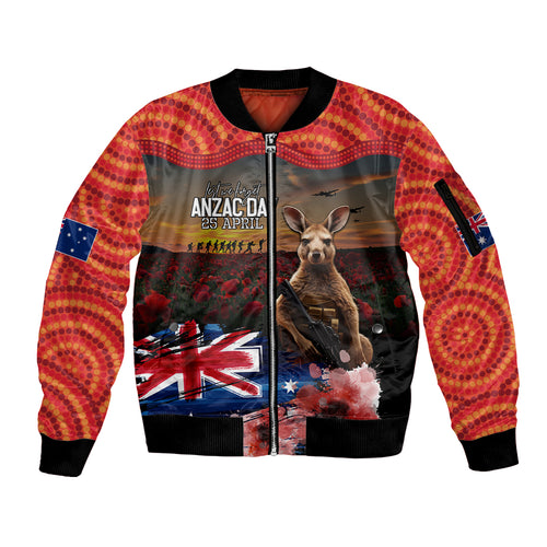 Australia ANZAC Day Sleeve Zip Bomber Jacket Koala and Kangaroo Red Poppy Flower Field Aboriginal Pattern