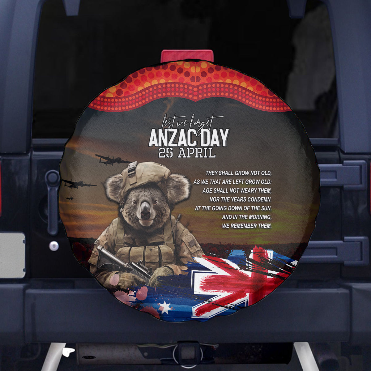 Australia ANZAC Day Spare Tire Cover Koala and Kangaroo Red Poppy Flower Field Aboriginal Pattern