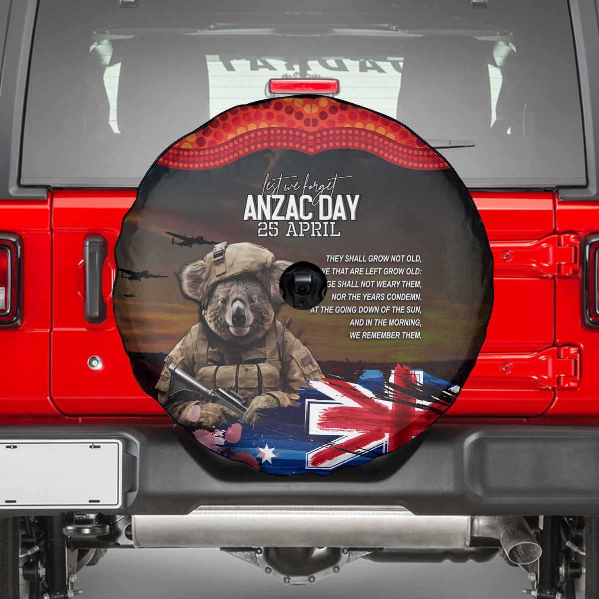 Australia ANZAC Day Spare Tire Cover Koala and Kangaroo Red Poppy Flower Field Aboriginal Pattern