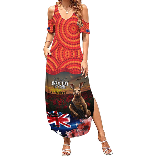 Australia ANZAC Day Summer Maxi Dress Koala and Kangaroo Red Poppy Flower Field Aboriginal Pattern