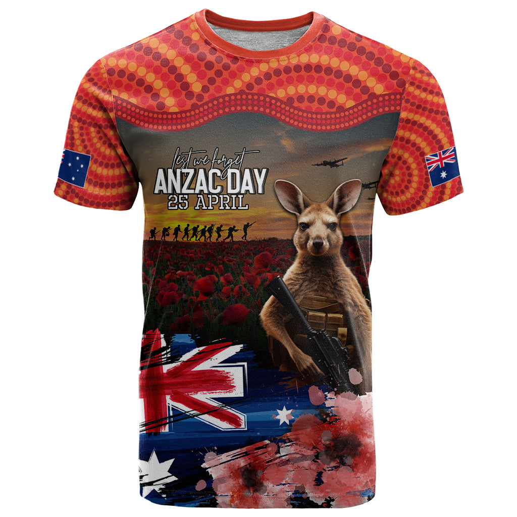 Australia ANZAC Day T Shirt Koala and Kangaroo Red Poppy Flower Field Aboriginal Pattern