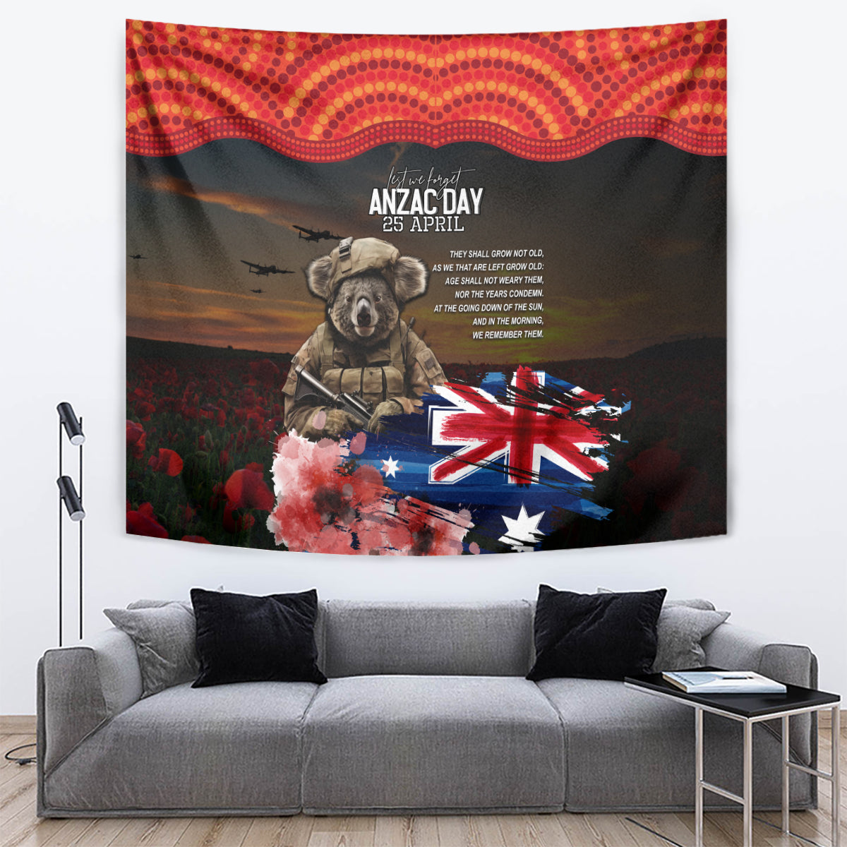 Australia ANZAC Day Tapestry Koala and Kangaroo Red Poppy Flower Field Aboriginal Pattern
