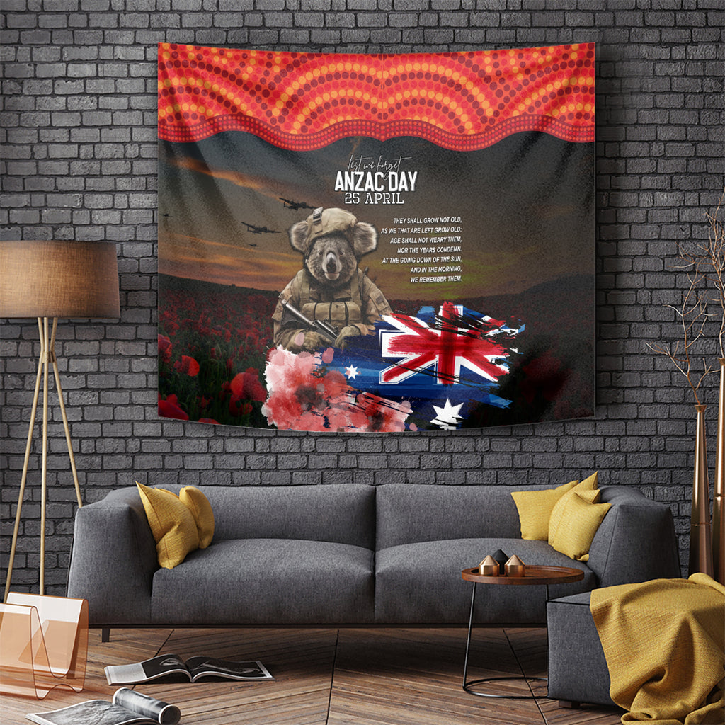 Australia ANZAC Day Tapestry Koala and Kangaroo Red Poppy Flower Field Aboriginal Pattern
