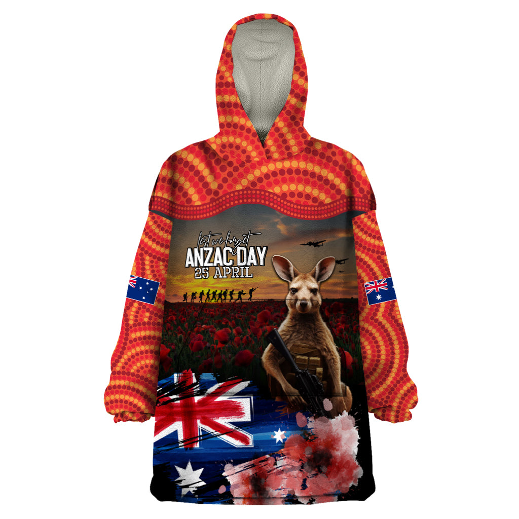 Australia ANZAC Day Wearable Blanket Hoodie Koala and Kangaroo Red Poppy Flower Field Aboriginal Pattern