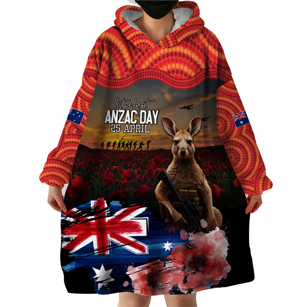 Australia ANZAC Day Wearable Blanket Hoodie Koala and Kangaroo Red Poppy Flower Field Aboriginal Pattern