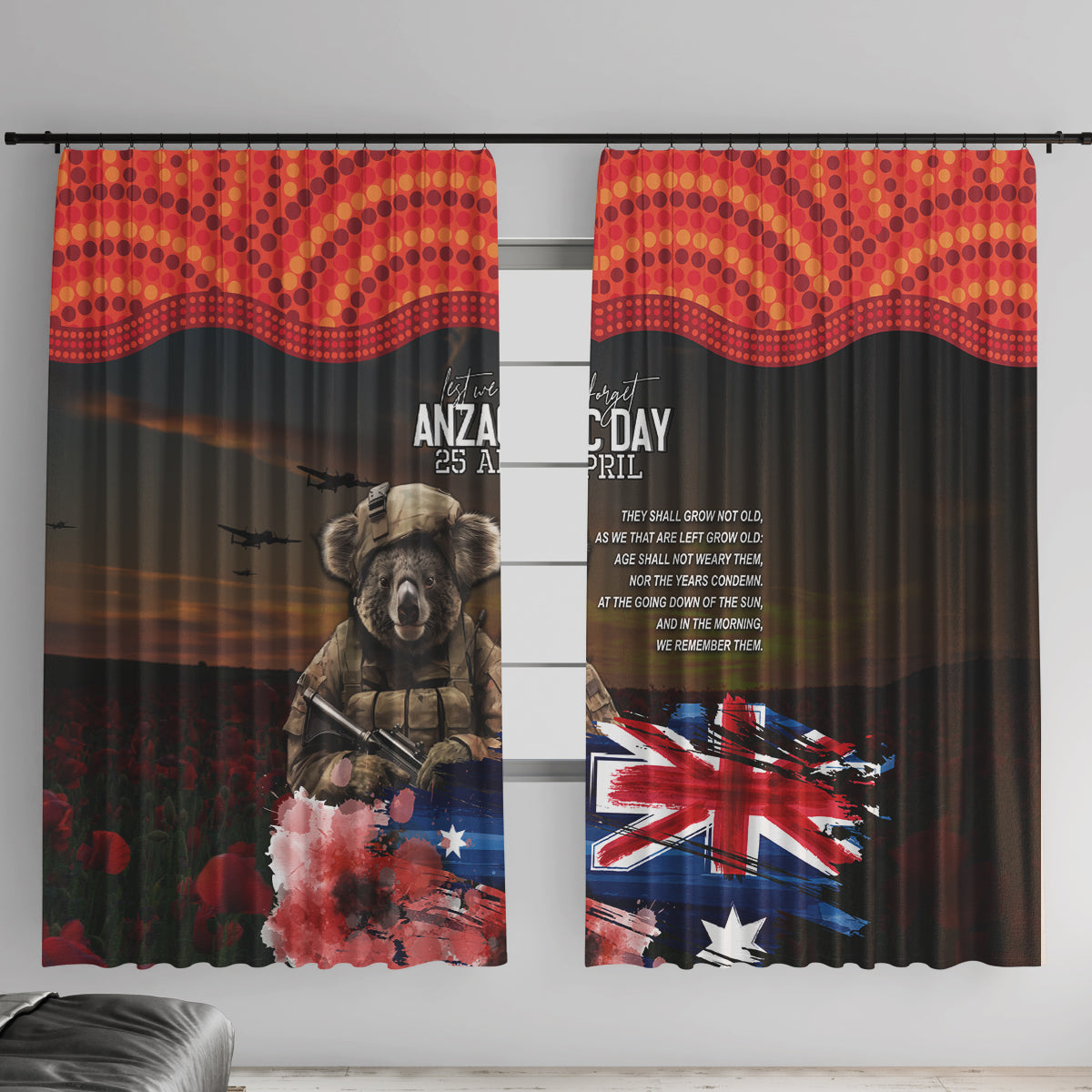 Australia ANZAC Day Window Curtain Koala and Kangaroo Red Poppy Flower Field Aboriginal Pattern