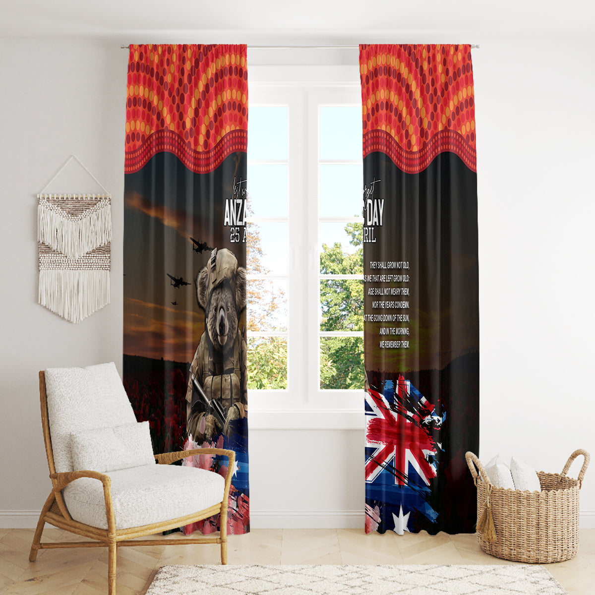 Australia ANZAC Day Window Curtain Koala and Kangaroo Red Poppy Flower Field Aboriginal Pattern