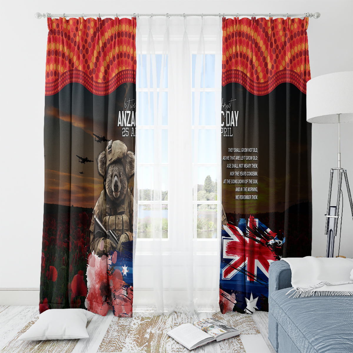 Australia ANZAC Day Window Curtain Koala and Kangaroo Red Poppy Flower Field Aboriginal Pattern