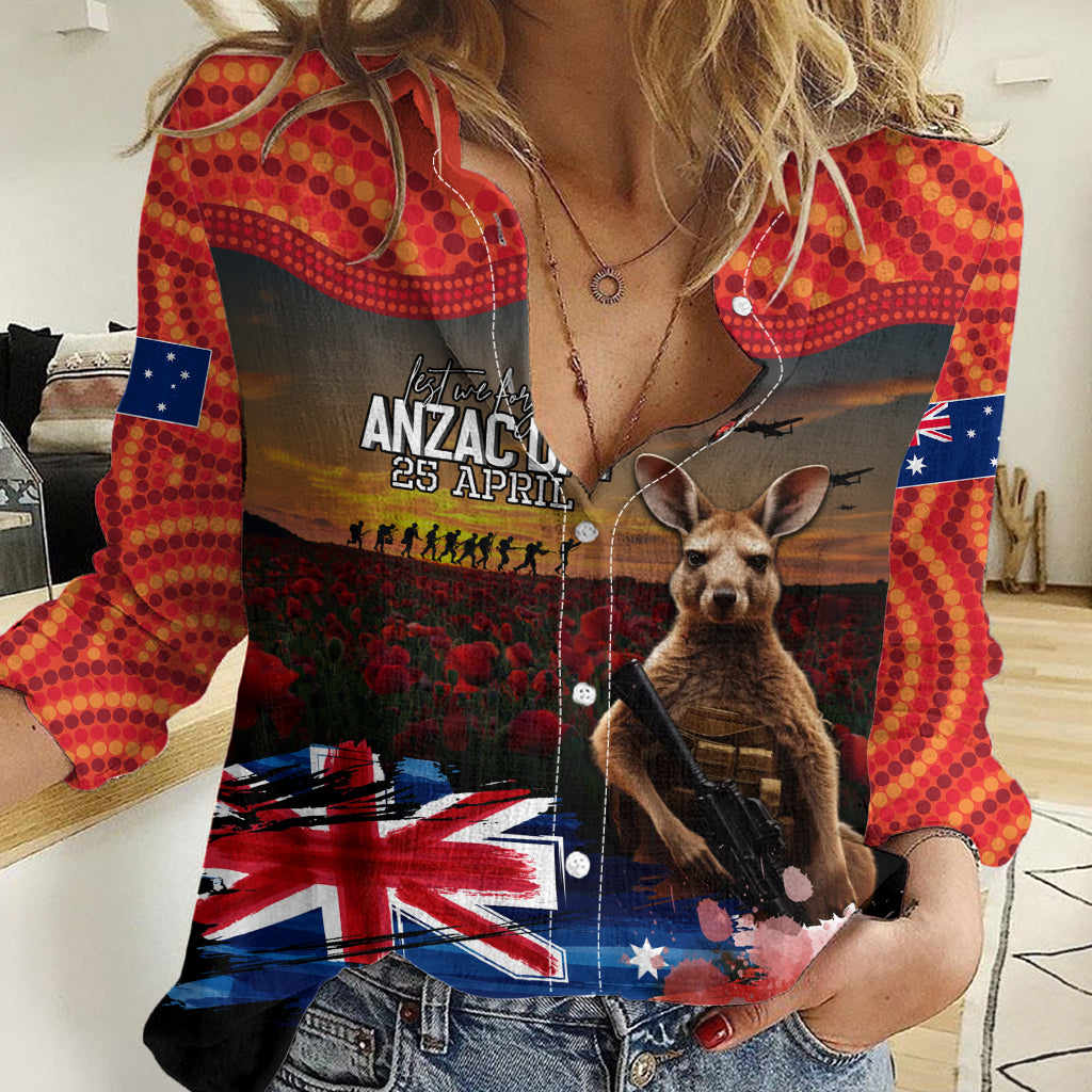Australia ANZAC Day Women Casual Shirt Koala and Kangaroo Red Poppy Flower Field Aboriginal Pattern