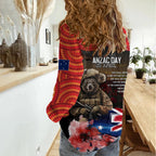 Australia ANZAC Day Women Casual Shirt Koala and Kangaroo Red Poppy Flower Field Aboriginal Pattern