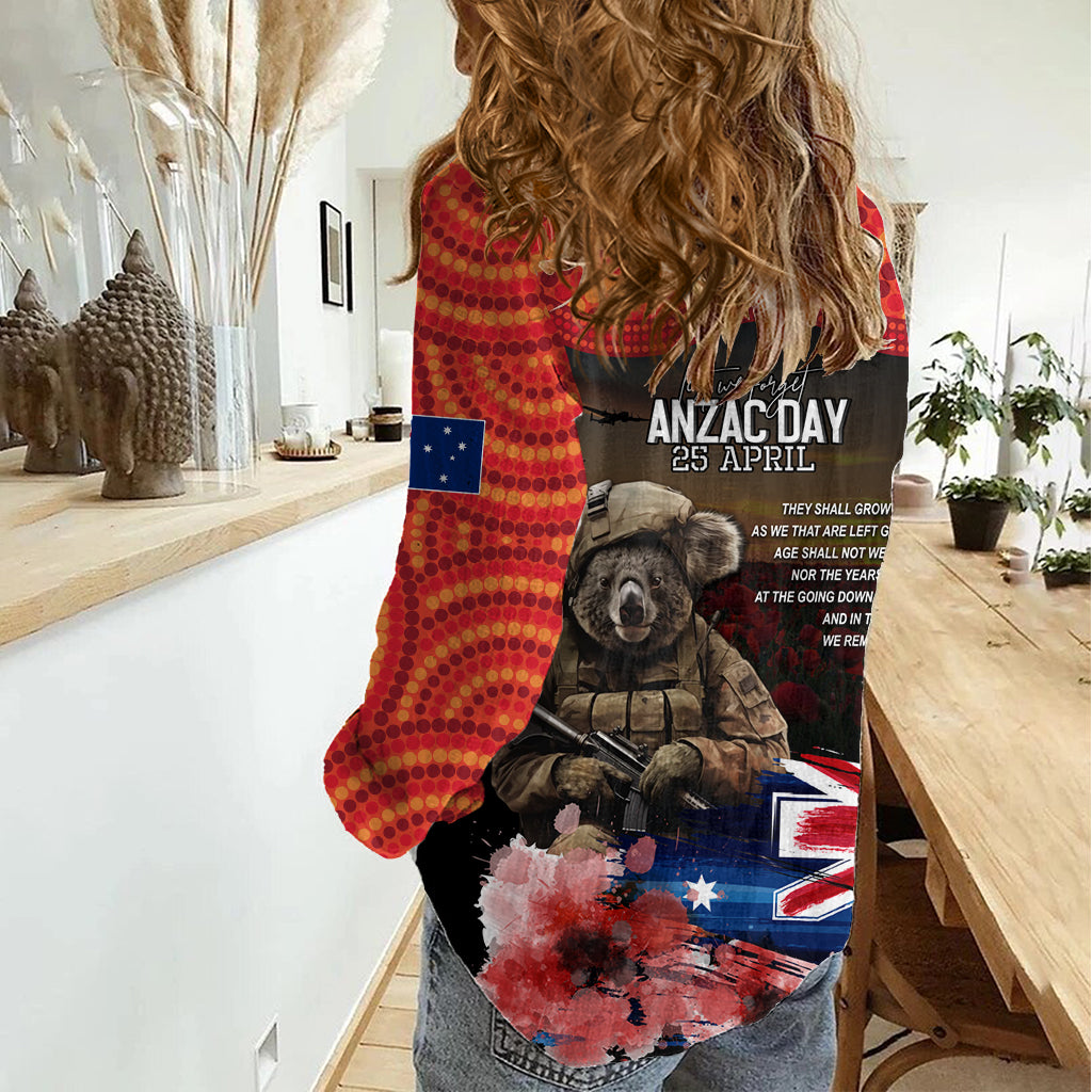 Australia ANZAC Day Women Casual Shirt Koala and Kangaroo Red Poppy Flower Field Aboriginal Pattern