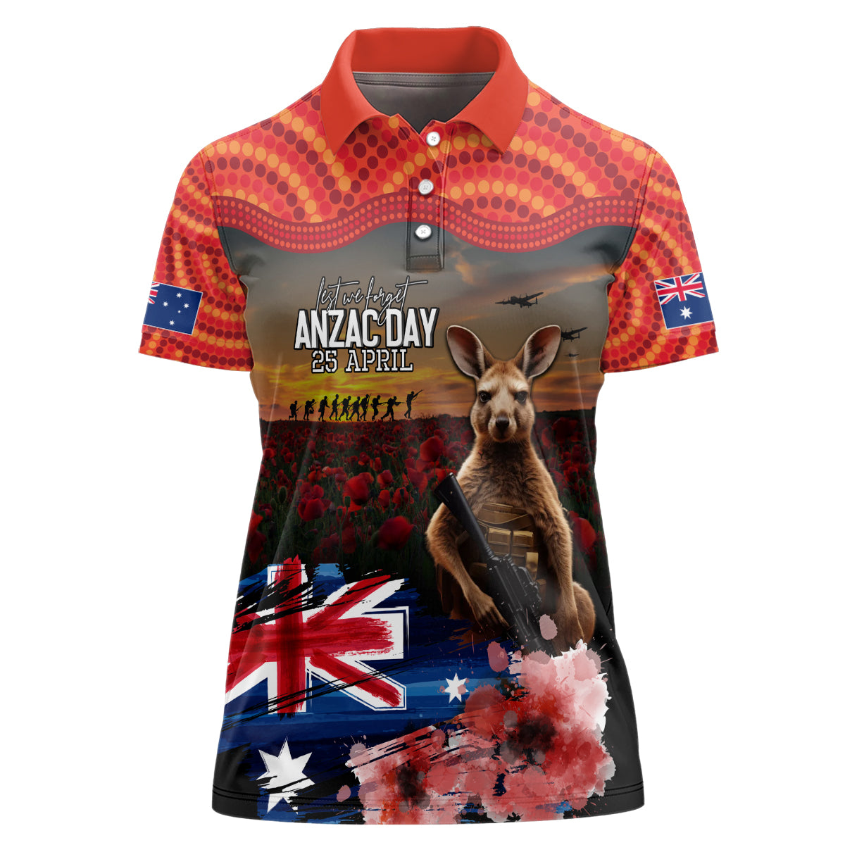 Australia ANZAC Day Women Polo Shirt Koala and Kangaroo Red Poppy Flower Field Aboriginal Pattern