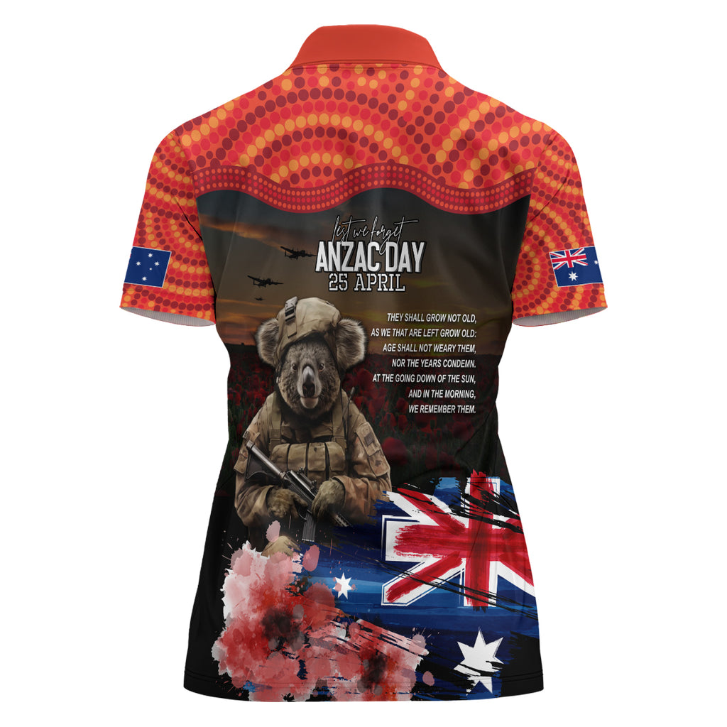 Australia ANZAC Day Women Polo Shirt Koala and Kangaroo Red Poppy Flower Field Aboriginal Pattern