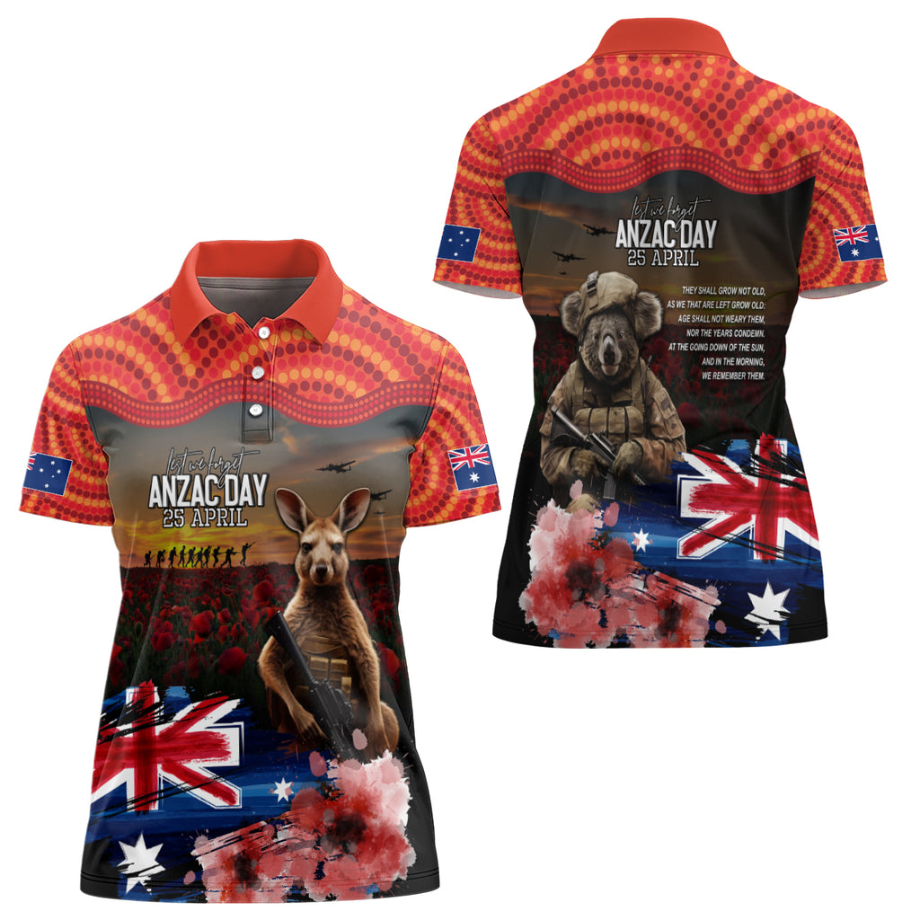Australia ANZAC Day Women Polo Shirt Koala and Kangaroo Red Poppy Flower Field Aboriginal Pattern