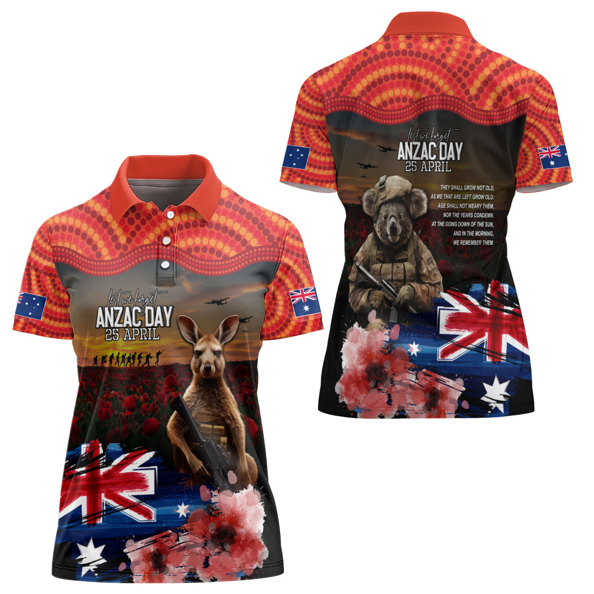 Australia ANZAC Day Women Polo Shirt Koala and Kangaroo Red Poppy Flower Field Aboriginal Pattern