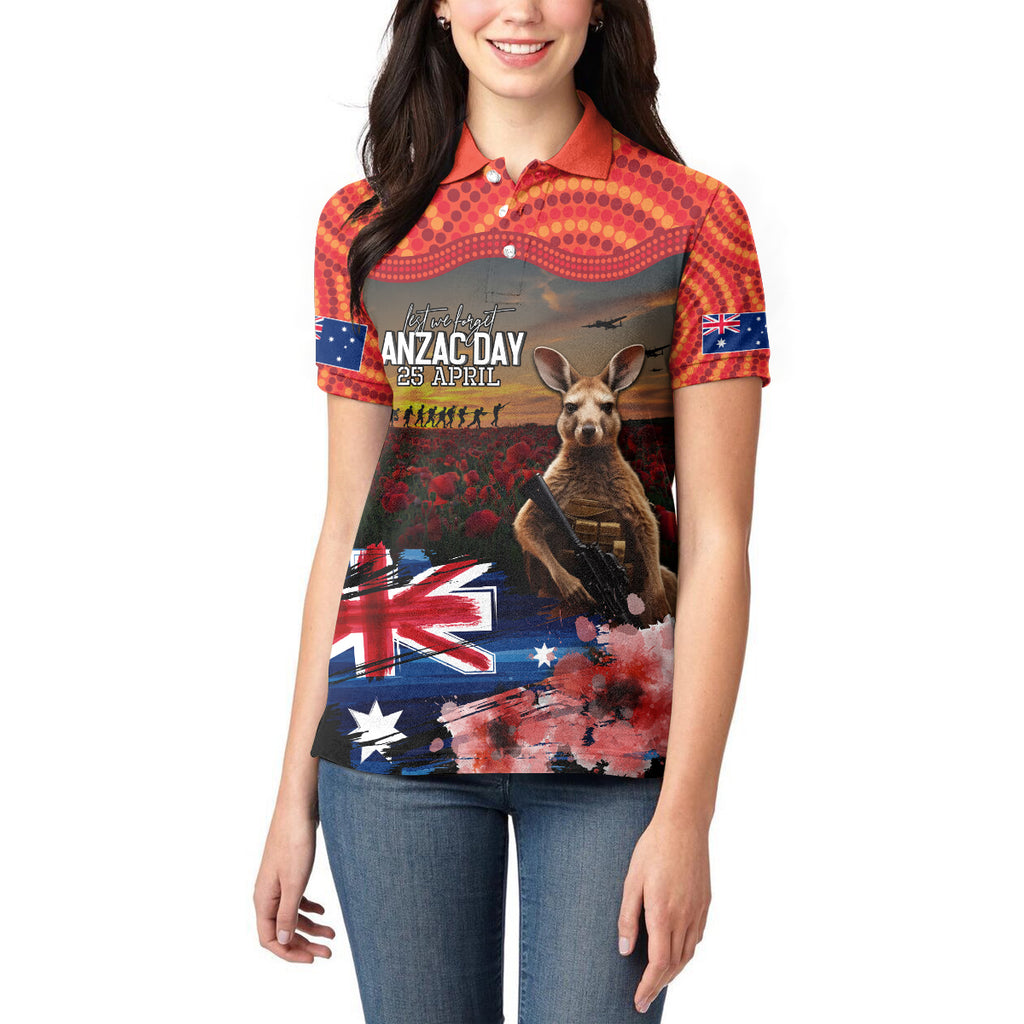 Australia ANZAC Day Women Polo Shirt Koala and Kangaroo Red Poppy Flower Field Aboriginal Pattern