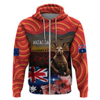 Australia ANZAC Day Zip Hoodie Koala and Kangaroo Red Poppy Flower Field Aboriginal Pattern