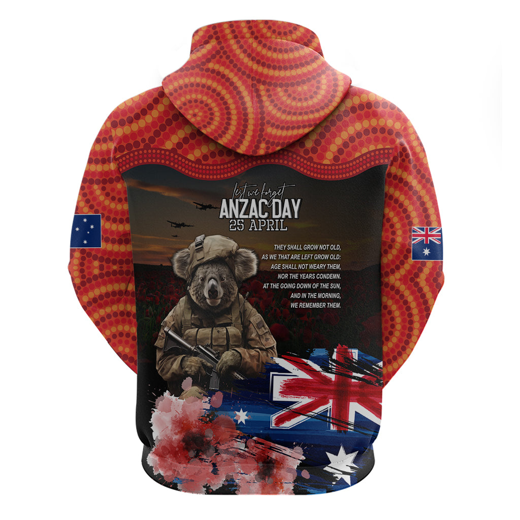 Australia ANZAC Day Zip Hoodie Koala and Kangaroo Red Poppy Flower Field Aboriginal Pattern