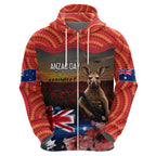 Australia ANZAC Day Zip Hoodie Koala and Kangaroo Red Poppy Flower Field Aboriginal Pattern