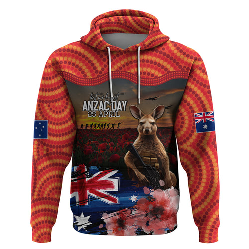 Australia ANZAC Day Zip Hoodie Koala and Kangaroo Red Poppy Flower Field Aboriginal Pattern