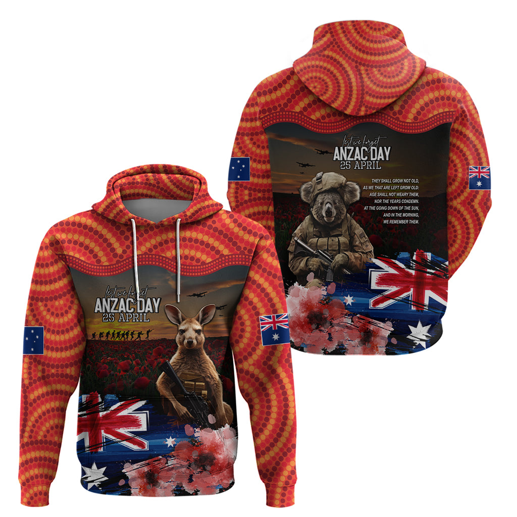Australia ANZAC Day Zip Hoodie Koala and Kangaroo Red Poppy Flower Field Aboriginal Pattern
