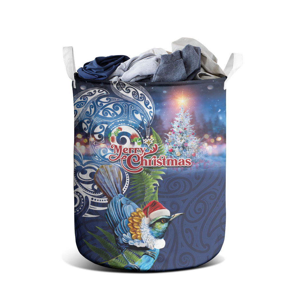 New Zealand Merry Christmas Laundry Basket Maori Tribal Pattern with Xmas Tui Bird