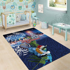 New Zealand Merry Christmas Area Rug Maori Tribal Pattern with Xmas Tui Bird