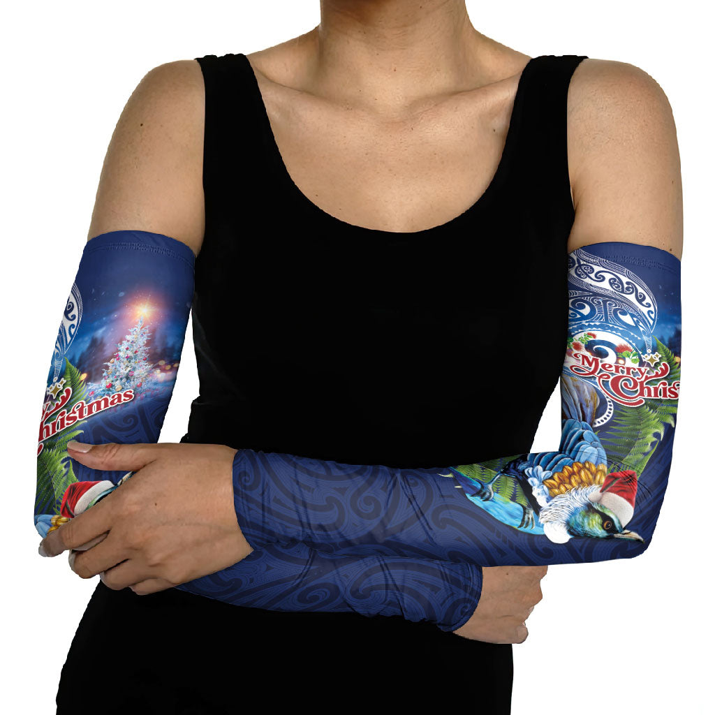 New Zealand Merry Christmas Arm Sleeves Maori Tribal Pattern with Xmas Tui Bird