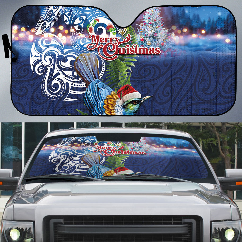 New Zealand Merry Christmas Auto Sun Shade Maori Tribal Pattern with Xmas Tui Bird