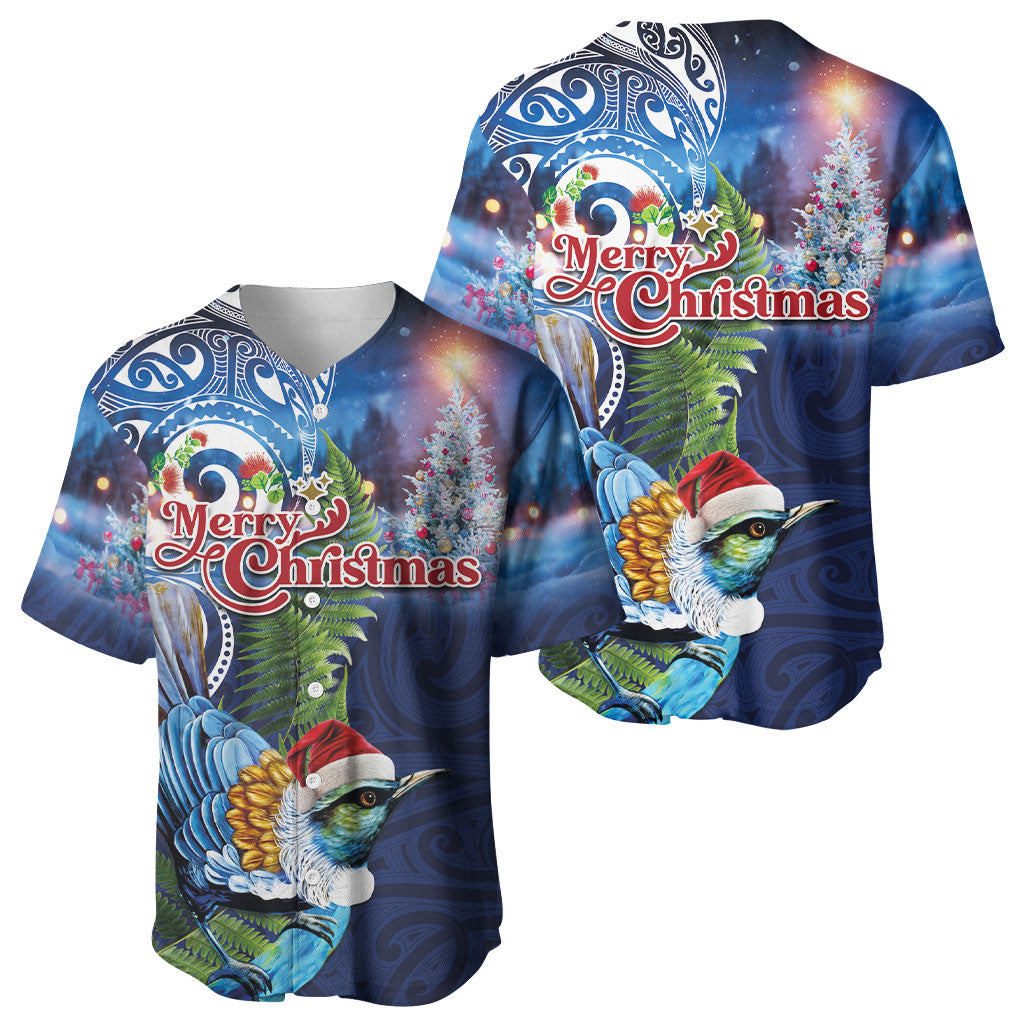 New Zealand Merry Christmas Baseball Jersey Maori Tribal Pattern with Xmas Tui Bird