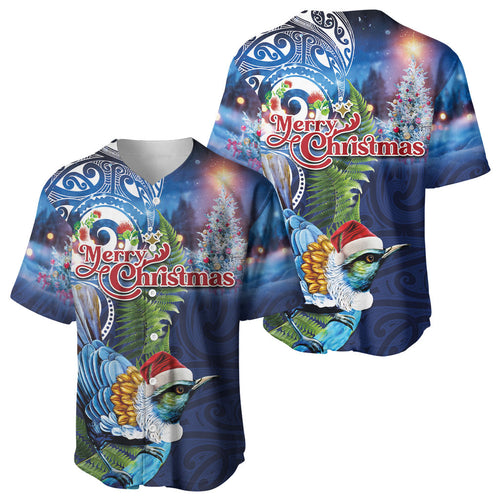 New Zealand Merry Christmas Baseball Jersey Maori Tribal Pattern with Xmas Tui Bird
