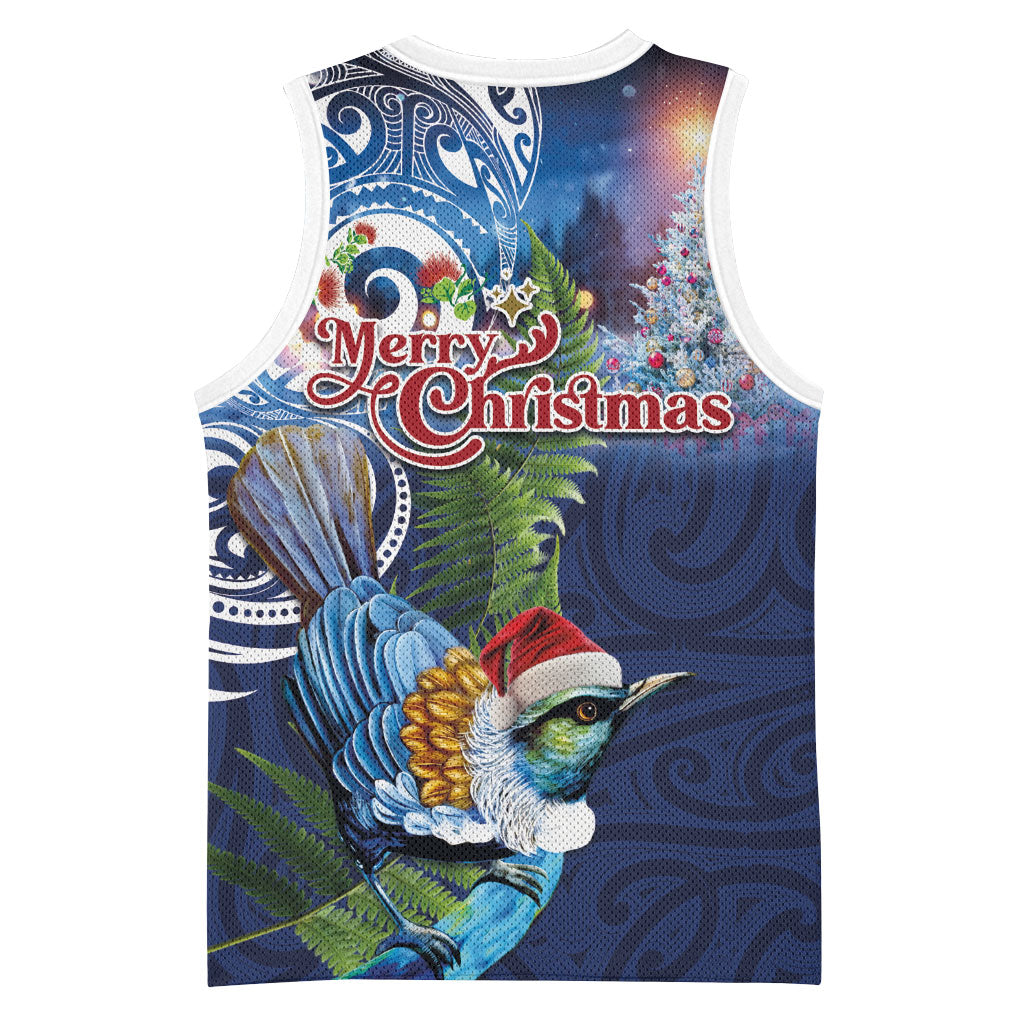 New Zealand Merry Christmas Basketball Jersey Maori Tribal Pattern with Xmas Tui Bird