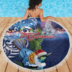 New Zealand Merry Christmas Beach Blanket Maori Tribal Pattern with Xmas Tui Bird