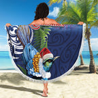 New Zealand Merry Christmas Beach Blanket Maori Tribal Pattern with Xmas Tui Bird