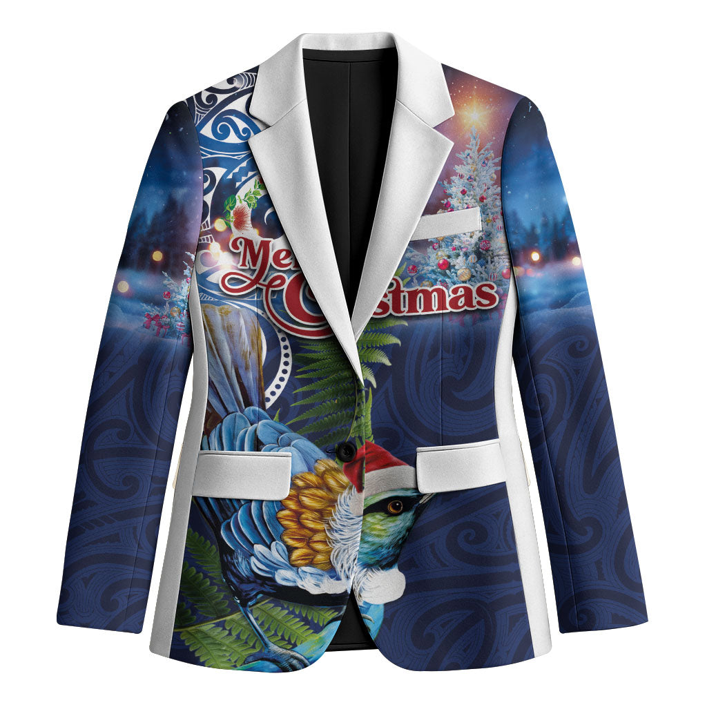 New Zealand Merry Christmas Blazer Maori Tribal Pattern with Xmas Tui Bird